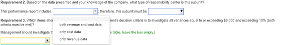 Requirement 2. Based on the data presented and your knowledge of the company, what type of responsibility center is this subu