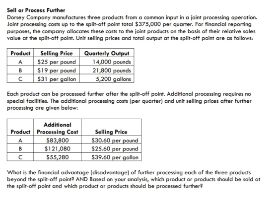 Sell or Process Further Dorsey Company manufactures three products from a common input in a joint processing operation. Joint