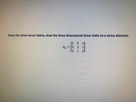 Given the stress tensor below, draw the three dimensional stress state on a stress element: 2 5 2