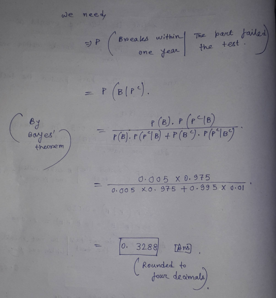 we need = P Breaks within one year the the part failed) test. = P (B(PC). Bayes theorem P (B). P (PB) P(B). P(P44B) +P(BS).