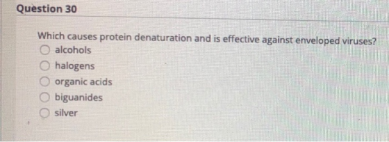 Question 30 Which causes protein denaturation and is effective against enveloped viruses? alcohols O halogens o organic acids