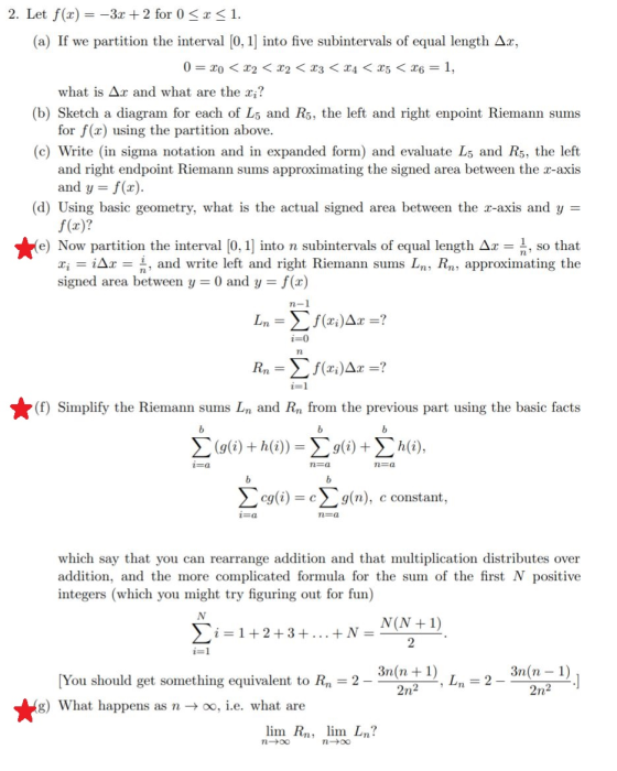 2. Let f(x) = -3x + 2 for 0 < x < 1. (a) If we partition the interval (0, 1) into five subintervals of equal length Ar, 0 = x