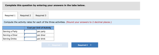 Complete this question by entering your answers in the tabs below. Required 1 Required 2 Required 3 Compute the activity rate