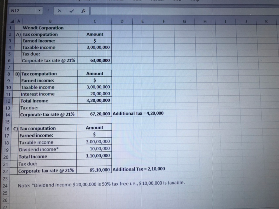 for C D E F G H I 1 UWN N12 A B Wendt Corporation 2 A) Tax computation Earned income: Taxable income 5 Tax due: 6 Corporate t