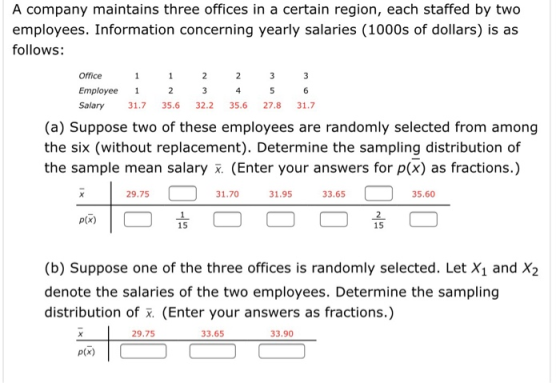 A company maintains three offices in a certain region, each staffed by two employees. Information concerning yearly salaries