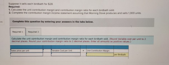 Suppose it sells each birdbath for $28. Required: 1. Calculate the unit contribution margin and contribution margin ratio for