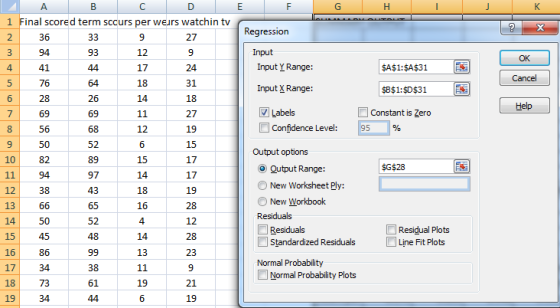 E F H K х Regression 36 Input Input Y Range: OK 44 $A$1:$A$31 А B D 1 Final scored term sccurs per wears watchin tv 2 33 9 27