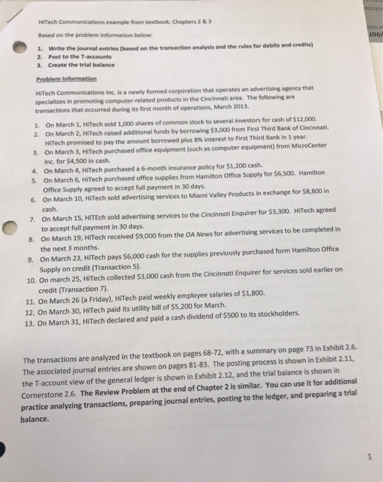 RSSON HiTech Communications example from textbook, Chapters 2 & 3 ano! Based on the problem information below. 1. Write the j