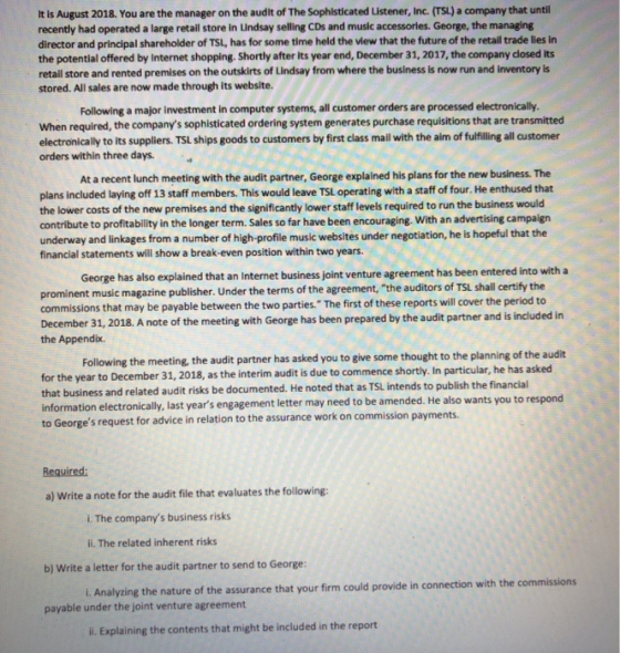 It is August 2018. You are the manager on the audit of The Sophisticated Listener, Inc. (TSL) a company that until recently h