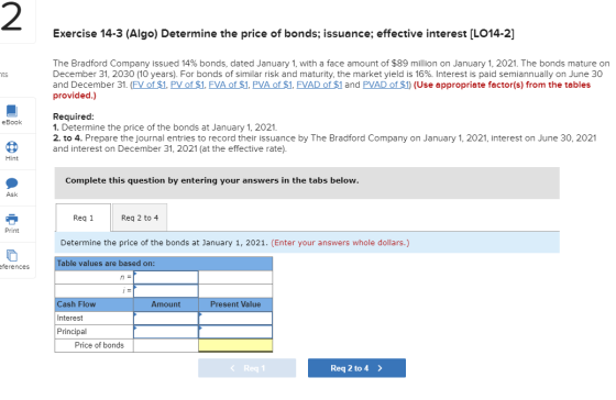 Exercise 14-3 (Algo) Determine the price of bonds; issuance; effective interest (LO14-2] The Bradford Company issued 14% bond