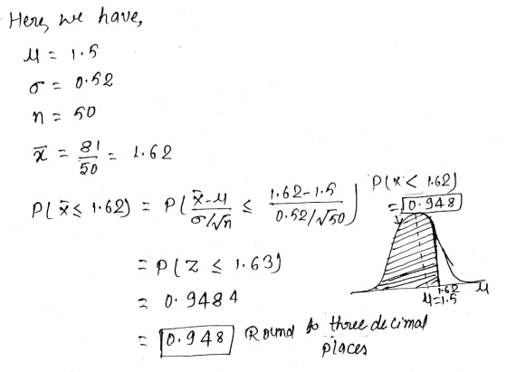 Here we have, M=1.5 ga 0.52 n=50 - 81. - 2.62 50 10.948) PlX5 1:62) = P12-4 s 162-1.5 , PIX < 1.62J own. 0.5210 EP17 31.639 3