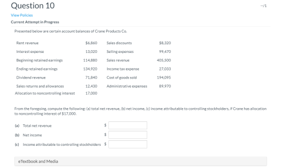 Question 10 --/1 View Policies Current Attempt in Progress Presented below are certain account balances of Crane Products Co.