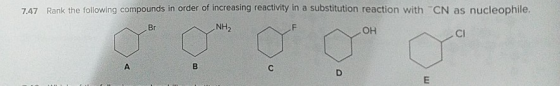 7.47 Rank the following compounds in order of increasing reactivity in a substitution reaction with CN as nucleophile. OOOO