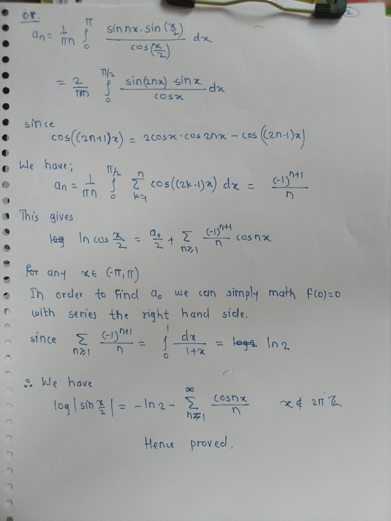 e ot sin nx.sin (%) пп 2 2sinen) sind e sin ce -2c0 5%, cos 2nx-cos @n-1 )7() cos((2nal)r) We hove; C-I o This gives C-1) Ih