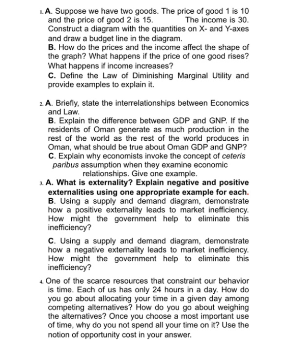 1. A. Suppose we have two goods. The price of good 1 is 10 and the price of good 2 is 15. The income is 30. Construct a diagr