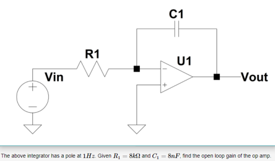C1 R1 U1 Vout Vin 1 The above integrator has a pole at 1Hz. Given R1-8㏀ and G-8nF, find the open loop gain of the op amp.