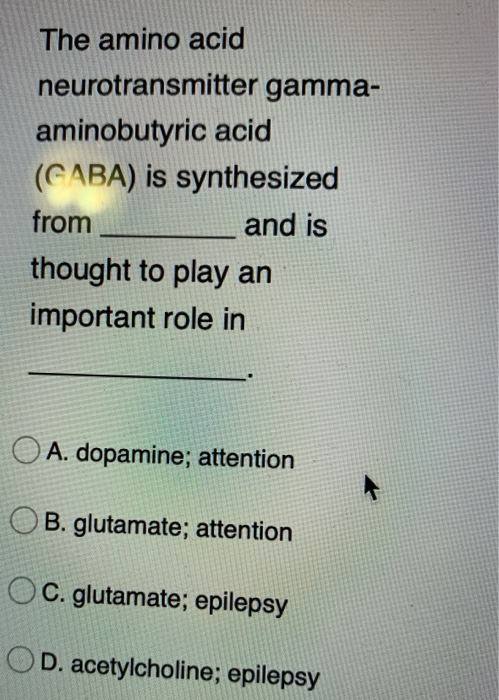 The amino acid neurotransmitter gamma- aminobutyric acid (GABA) is synthesized from and is thought to play an important role