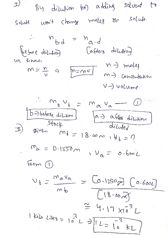 to By dilution 68) adding wont change moles of solvent solute solute We know, i nhid = naid befase dilution] (after dilution