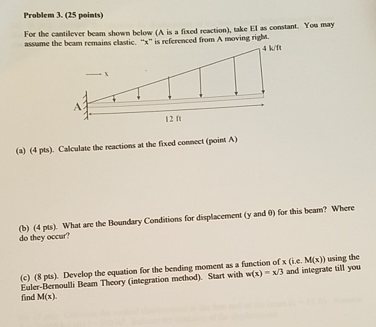 Problem 3. (25 points) For the cantilever beam shown below (A is a fixed reaction), take El as constant. You may assume the b