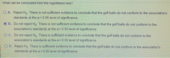 What can be concluded from the hypothesis test? O A. Reject Ho. There is not sufficient evidence to conclude that the golf ba