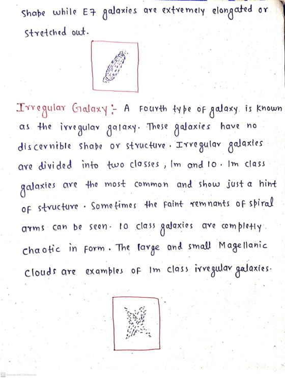 are extremely elongated or Shape while E7 galaxies Stretched out. Irregular Galaxy: A fourth type of galaxy. is known as the
