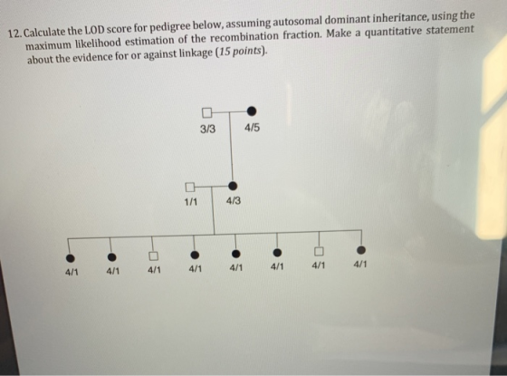 12. Calculate the LOD score for pedigree below, assuming autosomal dominant inheritance, using the maximum likelihood estimat