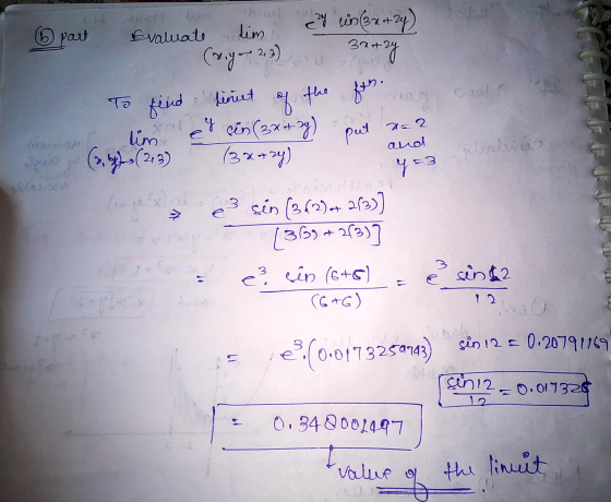 6 part Evaluate hoc sin3x+24) lim 32+ 2y To find lim (w.you 2, 3) find lineet of the for. put 4= 3 Y Cocin = 2 and Wpis (1,42