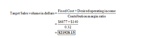 Fixed Cost +Desiredoperating income Contributi on margin ratio Target Sales volumein dollars= S6877+$140 0.32 $21928.13