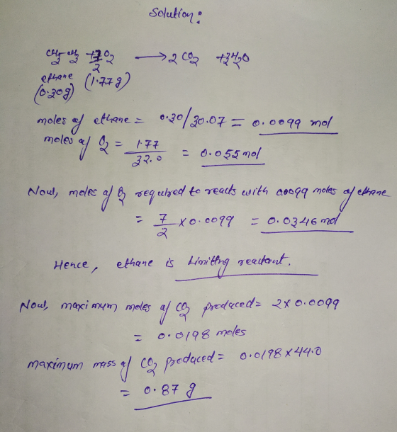 Solution ettane 00/3o.07 meles moles .0099 mol /-77 0.055mol Nou, meles a eguyed te reads with aoogg moles af ehane 7xo.c0?7
