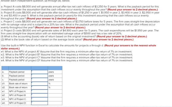Answer each independent question, (a) through (e), below. a. Project A costs $8,000 and will generate annual after-tax net ca