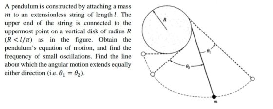 A pendulum is constructed by attaching a mass m to an extensionless string of length l. The upper end of the string is connec