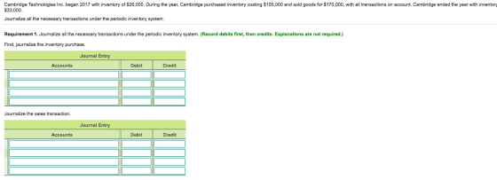 Cambridge Technologies Inc. began 2017 with inventory of $26,000. During the year, Cambridge purchased inventory costing $105