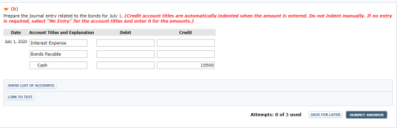 (b) Prepare the journal entry related to the bonds for July 1. (Credit account titles are automatically indented when the amo