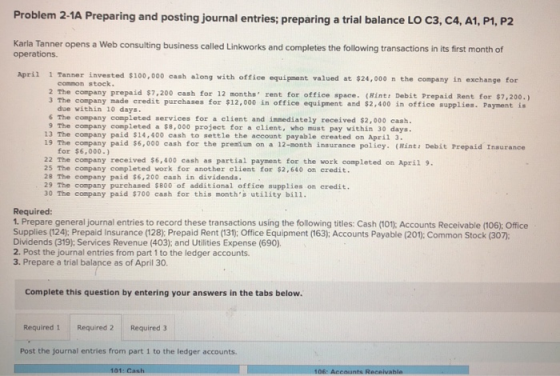 Problem 2-1A Preparing and posting journal entries; preparing a trial balance LO C3, C4, A1, P1, P2 Karla Tanner opens a Web