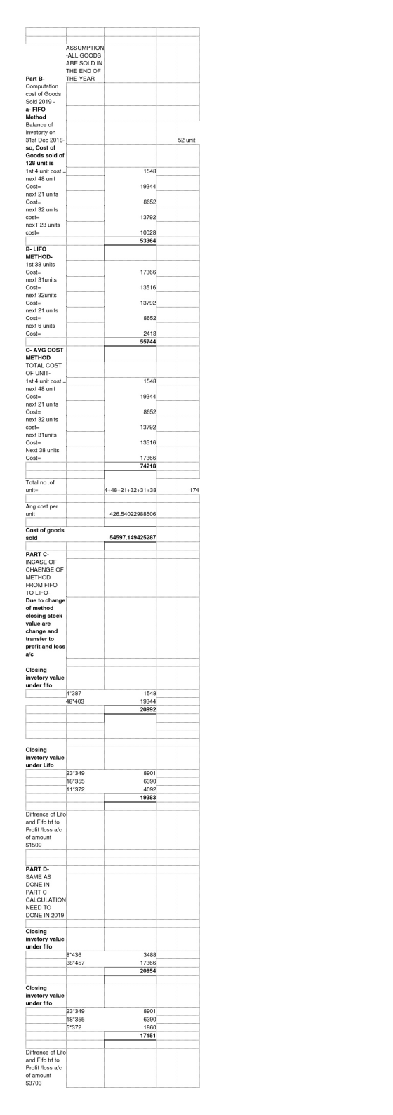 ASSUMPTION -ALL GOODS ARE SOLD IN THE END OF Part B- THE YEAR Computation cost of Goods Sold 2019 - a-FIFO Method Balance of