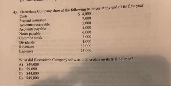 DJ ULICU 43. Electrelane Company showed the following balances at the end of its first year: Cash $ 4,000 Prepaid insurance 7