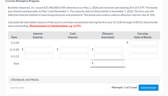Current Attempt in Progress Bramble Industries, Inc. issued $15,900,000 of 8% debentures on May 1, 2020 and received cash tot