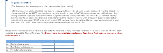 Required information The following information applies to the questions displayed below] Patel and Sons Inc. uses a standard
