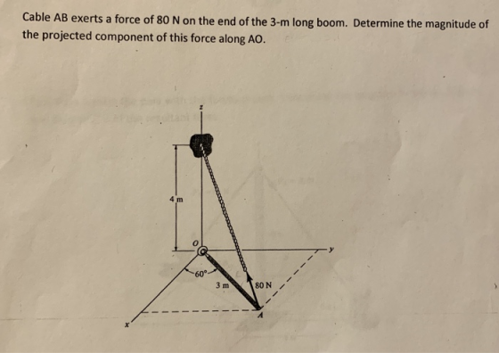 Cable AB exerts a force of 80 N on the end of the 3-m long boom. Determine the magnitude of the projected component of this force along AO 60° 3 m 80N /