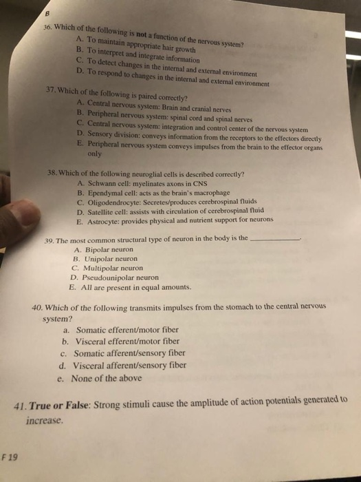 16. Which of the following is not a function of the nervous system A. To maintain appropriate hair growth B. To interpret and