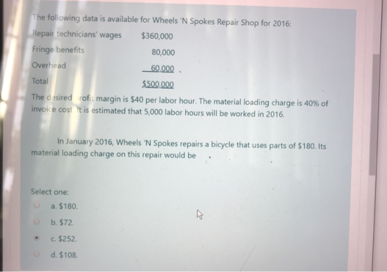 The following data is available for Wheels N Spokes Repair Shop for 2016: Repair technicians wages $360,000 Fringe benefits