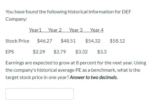 You have found the following historical information for DEF Company: Year1 Year 2 Year 3 Year 4 Stock Price $58.12 $46.27 $48