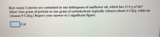 How many Calories are contained in one tablespoon of sunflower oil, which has 11.9 g of fat? (Hint: One gram of protein or on