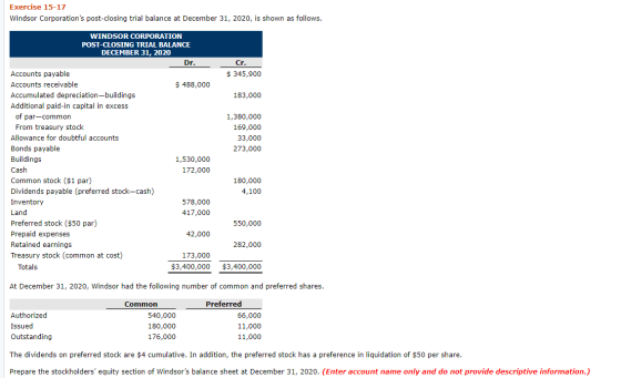 Exercise 15-17 Windsor Corporations post-closing trial balance at December 31, 2020, is shown as follows. WINDSOR CORPORATIO
