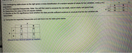 А 10 40 B 20 30 у b The contingency table shown to the right gives a cross-classification of a random sample of values for tw