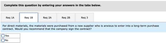 Complete this question by entering your answers in the tabs below. Req 1A Req 1B Req 2A Req 2B Reg 3 For direct materials, th