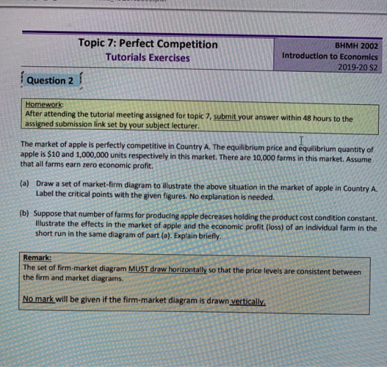 Topic 7: Perfect Competition Tutorials Exercises BHMH 2002 Introduction to Economics 2019-20 S2 Question 2 Homework After att