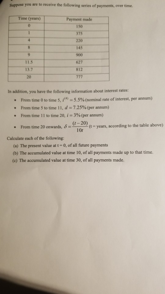 Suppose you are to receive the following series of payments,over time. Time (years) Payment made 150 375 220 145 900 627 812 11.5 13.7 20 In addition, you have the following information about interest rates: From time 0 to time 5, i(4)-5.5% (nominal rate of interest, per annum) . From time 5 to time 11, d-: 7.25% (per annum) . From time l 1 to time 20, i 3% (per annum) .From time 20 onwards, (t -20) 10t o(t- years, according to the table above) Calculate each of the following: (a) The present value at t 0, of all future payments (b) The accumulated value at time 10, of all payments made up to that time. (c) The accumulated value at time 30, of all payments made.