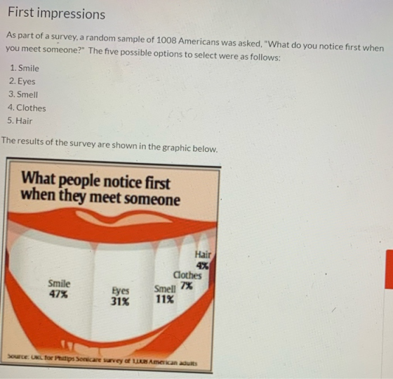 First impressions As part of a survey, a random sample of 1008 Americans was asked, What do you notice first when you meet s