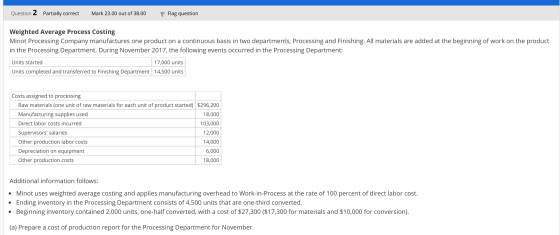 Question 2 Flag question Mark 23.00 out of 38.00 Partially correct Weighted Average Process Costing Minot Processing Company